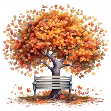 Autumn tree by the bench, in the style of digital airbrushing, pattern - based painting, storybook illustrations, hd, ps1 graphics, soft shading, accurate and detailed, style by Lucy Fleming, watercolor, smooth gradients, black contour outline, ultra detailed, clipart elements, delicate pastel colors, solid white background, super clear, high quality