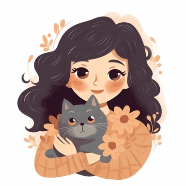illustration of an adorable woman with dark wavy hair hairbangs parted sideways, holding and hugging a fluffy adorable darkish gray persian cat, smiling clipart pack, cheerful expression, isolated on a white background, character studies, delicate paper p