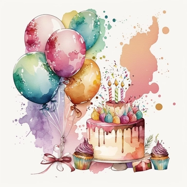 An enchanting watercolor clipart presenting a dynamic birthday scene, with an exquisite arrangement of colorful balloons, a delectable cake, whimsical celebration tape, and ornamental bars. Against a vivid blanc brillant background, the balloons are positioned in a captivating formation, each rendered with graceful brushstrokes and vibrant hues, exuding a sense of excitement and cheerfulness. The cake, adorned with intricate frosting patterns and adorned with candles, takes center stage, enticin