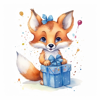 A Cute fox holding birthday present, disney style, clip art, handpaint, watercolor art style, white background