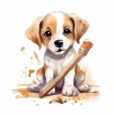 cartoon clipart, wathercolor of art adorably puppy on white background, simple and Adorable little puppy sitting on the ground with a bone in its mouth, big eyes and a friendly expression, cleaning