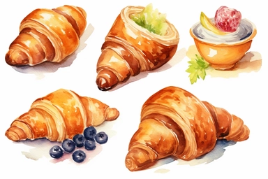 watercolor croissant clipart, hd, white background, spaced out
