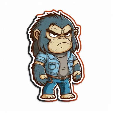 small cute anthropomorphic Chibi gorilla animal, dressed like a woman, wearing jeans and t-shirt, clipart, in sticker style, in comics style, cell shading
