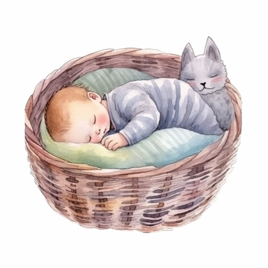 watercolor clipart, minimal, cute newborn baby sleeping in a basket, pastel color, white background illustration
