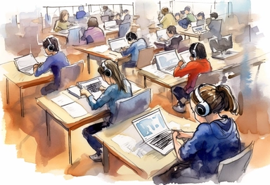 watercolor sketch, simple Clip art, realistic line art, portrait, Bird's-eye view, In the year 2050, students engage in a transformed learning environment where robots, students, and teachers play distinct roles, Various learning technologies revolutionize the educational landscape, including advanced robotics and artificial intelligence, virtual reality, augmented reality, and intelligent tutoring systems, Learning takes place in a variety of locations, ranging from technologically enhanced phy