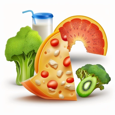 Clipart, Cartoon, milk, bread, tomato, banana, orange, one slice of watermelon, broccoli, white background