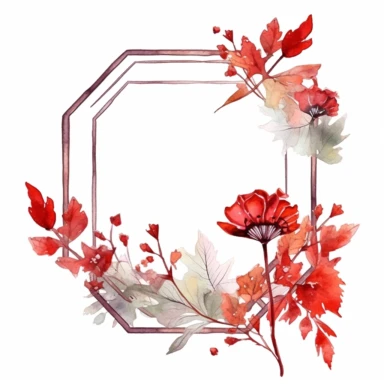 octagon watercolor leaf frame, clipart, in the style of cottagecore, enchanting bloomcore, high resolution, joyful celebration of nature, white and red