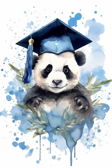 Create a watercolor clipart picture of a cute panda wearing a graduation cap. The panda should have a proud and joyful expression, with its black and white fur depicted in soft watercolor textures. The graduation cap should be adorned with a tassel and placed atop the panda's head. Surround the panda with celebratory elements such as confetti, balloons, and diplomas