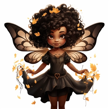magical black little girl, fairy wings, clipart, disney style