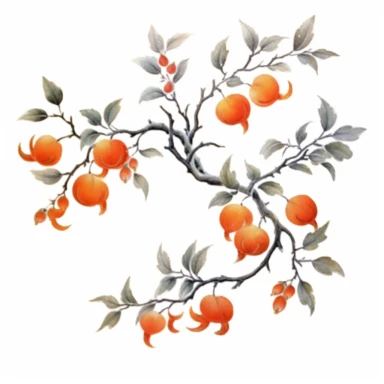 Design a dreamy watercolor clipart of a chinese Branches of ripe persimmons arranged with autumn leaves and foliage for a unique and seasonal arrangement composition, hand-painted with soft and graceful brushstrokes. Draw inspiration from the artistic finesse of Ethereal Petals Watercolors for a refined and ethereal depiction. isolated on a white background, hand-drawn illustration, hand-painted watercolor texture, 16k UHD resolution, intricately detailed, sharp focal points, designed by Ana Vic