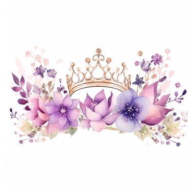 line of purple and lilac watercolor flowers with a simple clipart princess crown on top, watercolor gold, pink, green, purple, white background detailed--v 5.1