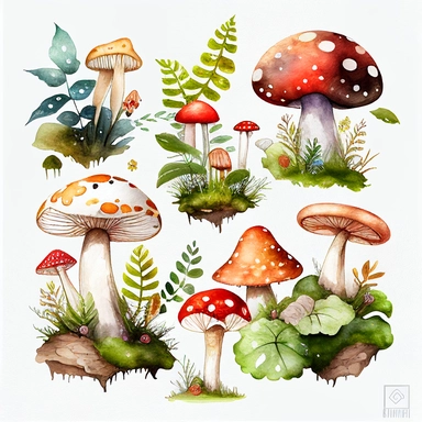 large, Watercolor graphic, Mushrooms Clipart - cute forest nature toadstool clip art, white background, landscape, clump of mushrooms, moss, woodlands