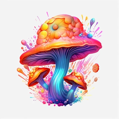 clipart mushroom, Psychedelic art, Acid Art, high resolution, neon rainbow colored, white background