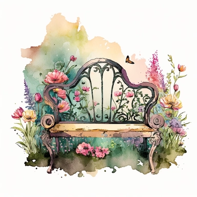 antique whimsical bench in the beautiful french summer garden with flowers, Sublimation graphics, watercolor clipart, pastel colors, single design, print on demand image, PNG transparent background
