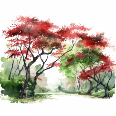 Watercolor, Japanese Maple Trees, old, long branches, Clipart, springtime japanese trees, forest, grass, white background