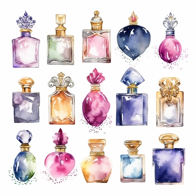 Eleven Watercolor Princes Perfumes Clipart by Nita Engle on solid white background