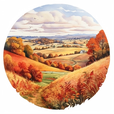 watercolor, hyper realistic, white background, white margins, 16k, ultra detailed clipart, cut out image, hand-drawn a picturesque countryside landscape with rolling hills covered in vibrant orange, red, and yellow foliage, capturing the beauty of an autumn field.