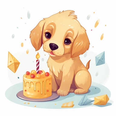 clipart of a cute golden retriever puppy presenting a birthday cake, kawaii style illustration, white background