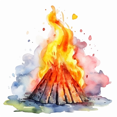 watercolor colorful clipart of a bright bonfire, hd, on white background