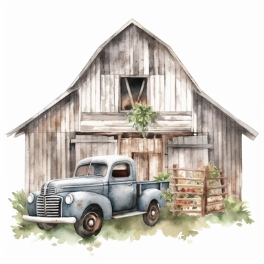 watercolor rustic farm barn with grey rustic car clipart, white background