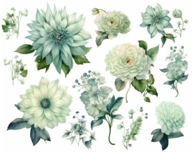 mint green pastel vector clipart flowers, in the style of dark white and light emerald, victorian-inspired illustrations, detailed botanical studies, nick alm, jeannette guichard-bunel, sterling silver highlights, hand-painted details