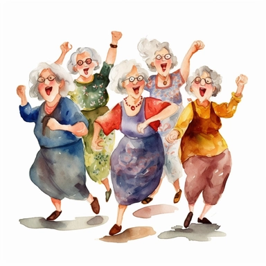 watercolor, clipart, cartoon style, funny old ladies dancing
