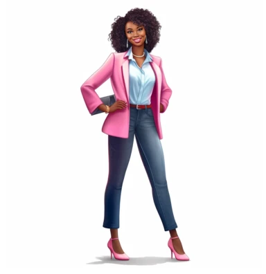 full body shot of smiling African American Black Girl Magic boss lady vector clipart vector illustration with transparent background, in the style of light indigo and light crimson, photo-realistic hyperbole, cluj school, transparent/translucent medium, detailed crowd scenes, light pink and light emerald, dark brown and white