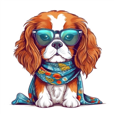 funny kawaii Cavalier King Charles with sunglasses and cool bandana or necklaces,cute illustration, clipart, white backgound, Cuttable Design
