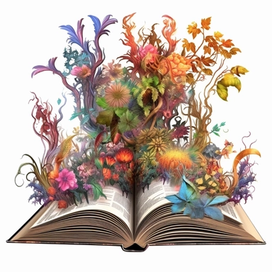 magic vintage Fantasy Open Book looking into another world Clipart, floral,Enchanted.Mythical Creatures' Gathering: Bring together mythical creatures from various folklore, such as dragons, griffins, phoenixes, and centaurs, in a mystical setting like an ancient ruins or a hidden forest clearing, Incorporate vibrant colors and glowing elements to bring the scene to life, on white background ar 3:2 s 1000