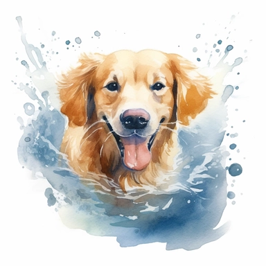 a charming watercolor clipart image of a Golden Retriever with a white background, showcasing their love for outdoor activities like swimming or fetching a ball.