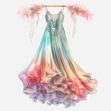 panoramic view, full view, beautiful flowing tropical party dress in vibrant colors on ornate hanger, shabby chic, elegant, ethereal, romantic, fantasy, high detail, shabby chic, sharp focus, 8k, photo realistic, illustration sketch, clipart style, transparent background