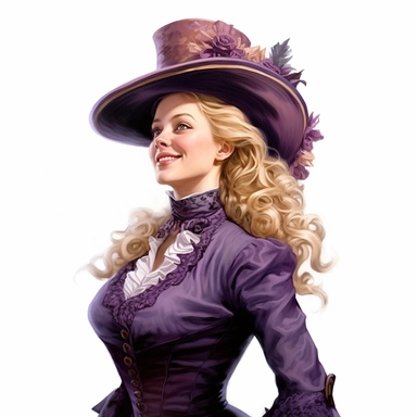 beautiful victorian lady with blonde hair, looking left, victorian hairstyle, victorian hat, Victorian era clothing, beatiful smile, realistic inverted portrait white background, high quality, hyper-realistic, Victorian Lady Clipart,purple dress