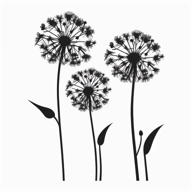 three dandelion flowers silhouette on a white background, simplified, black-and-white graphic clipart, simple illustration, hand drawn art, dandelion floral bouquet, cartoonish simplicity, graphic outline of dandelion flowers, minimalist design, two dimensional,