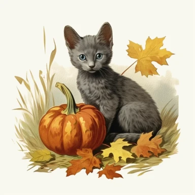 autumn themed russian blue kitten, vintage clip art