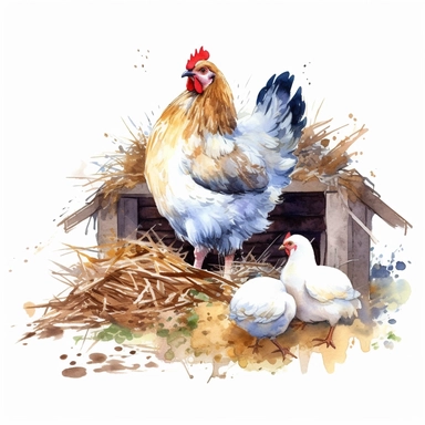 realistic watercolor chicken sleeping on its nest with some eggs and chicks around the barn on solid white background, clipart