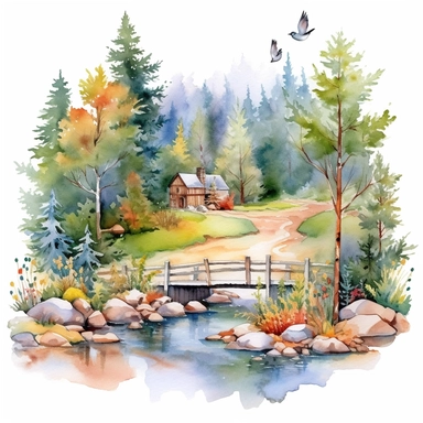 watercolor clipart painting of a Colorado mountain landscape, with evergreen pine trees, pinecones and sage green trees, with some yellow aspen trees and white birch trees, log cabin in the wood with smoke coming out of the chimney. there is a little bridge over the blue and green stream with rocks and lily pads in the babbling brook, a red cardinal and some hummingbirds, butterfly and dragonfly, a dusk sky with a moon and a few stars, hd, magical and whimsical illustration with a little gold gl
