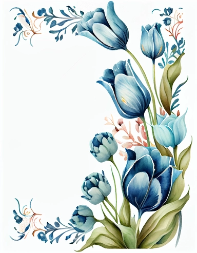 detailed watercolor blue tulip corner border , isolated on white background, realistic, clipart