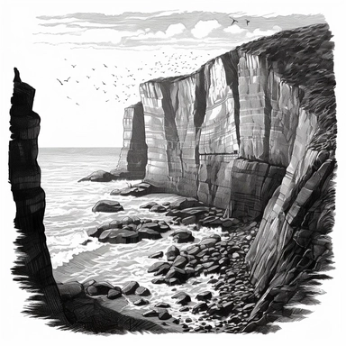 a coastal cliff, clipart, vector graphic, black and white, illustration, line art, printmaking, etched