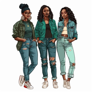 full body, 3 full-figure African-American women in streetwear, clipart style, whiote background, highly detailed, very attractive, glamourous, make up beautiful, gorgeous, glowing, happy smiling