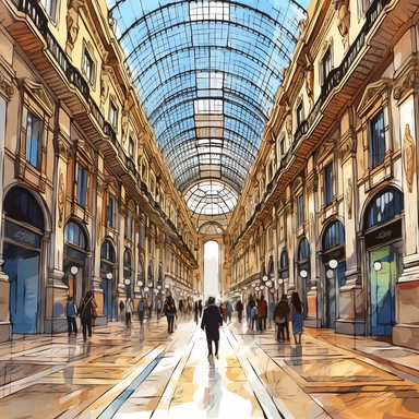 Beautiful hand draw Watercolor and vector drawing lines Paintings of Galleria Vittorio Emanuele II entrance, Milan , Italy. clear summer sky. clipart style.