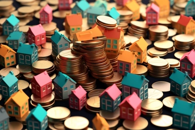 tiny houses on piles of coins, clipart style