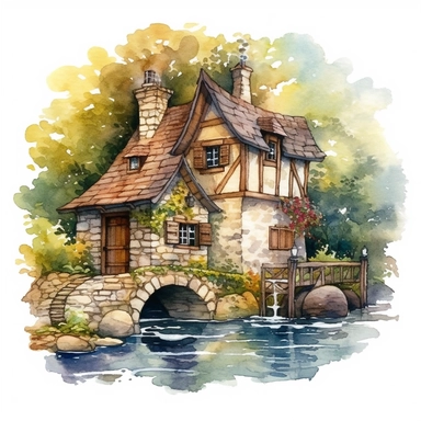 An enchanting watercolor clipart illustration of a picturesque medieval cottage perched near a meandering river, embraced by a tranquil countryside. The cottage boasts weathered stone walls, a thatched roof adorned with climbing vines, and a meticulously crafted waterwheel gracefully spinning by the riverside. The calming river reflects the surrounding nature, with delicate ripples and vibrant aquatic life. Against a clean white background, the watercolor medium enhances the cottage's rustic cha