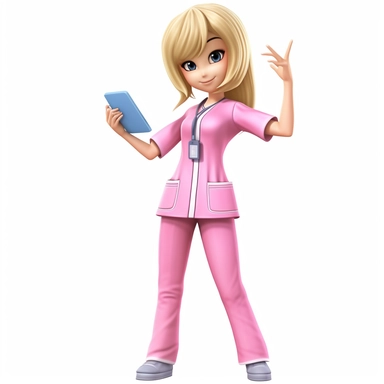 Anime Asian blonde hair nurse wearing pink scrubs with chart in hand clipart, on white background