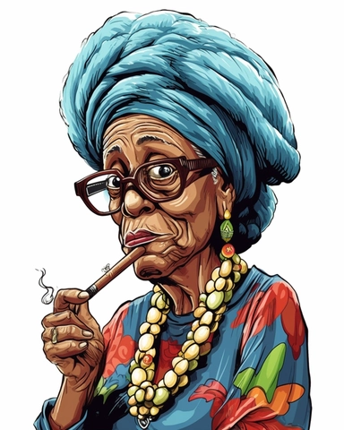 funny Comic Book style Sassy hip African American Boho chic Grandma with rope style dreadlocks puff puff pass Smoking a cuban cigar with smoke on the end tip og cigar clipart