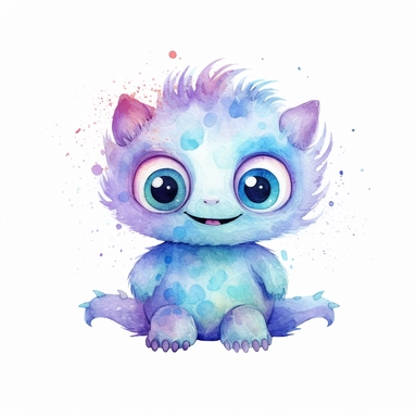 watercolour illustration, cute baby monster, big eyes, smiling, pastel, pale colourful, aquarrellist, clipart, isolated, white background,