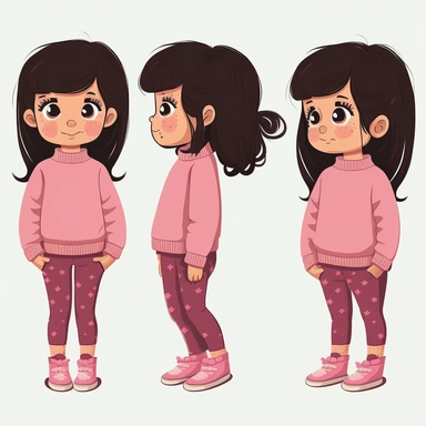 clipart little girl, 6 years old, cute, 4 different poses with same outfit on each, front and side view, wearing a plain pink jumper and plain pink trousers, plain pink shoes, black hair, smiling