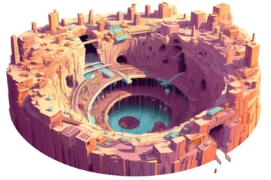 a close up of a infinite loop open pit mine on a white background, james gilleard and james jean, escher, trending on artisation, connectedness, scutoid, mit technology review, by Sam Spratt, dan mcpharlin : : ornate, wormholes, tetris, monolithic, stylized stl, clipart icon, simple 4 colors from gray to metalic blue, vector-based, sharp border, plane color and very define, high quality, digital art, 8k resolution, masterpiece, congruent, amazing, incredible, awe-inspiring, mind-blowing, masterf