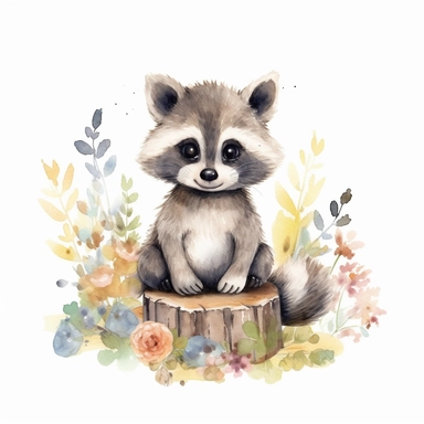 A delightful and whimsical collection of watercolor clipart featuring a cartoon-style baby raccoon in a woodland setting, designed especially for a nursery. The hand-painted raccoon is lovingly rendered in playful, soft hues that bring out its characteristic features, bright eyes, and fluffy fur. The artist skillfully integrates elements of a serene woodland setting, including towering trees, blooming wildflowers, and playful forest critters, creating a harmonious and entertaining composition. T