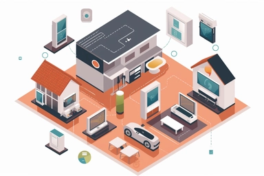 homes equipped with smart technology, including automated appliances and security systems clipart, HD, with white background, spaced out