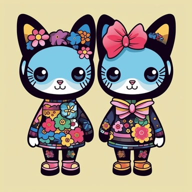 two Takashi Murakami style cats holding hands wearing cute dresses with big cartoon shoes, with bows in the hair , clip art, Japanese